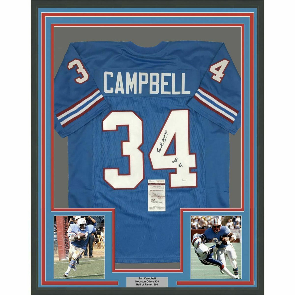 Earl Campbell Autographed HOF 91 and Framed Light Blue Oilers Jersey