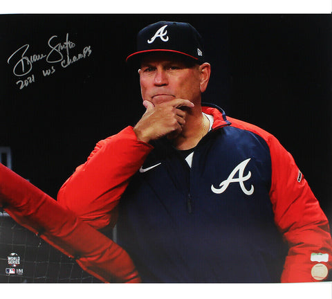 Brian Snitker Signed Atlanta Unframed 16x20 Photo-On Bench w/Banner W/WS Champs