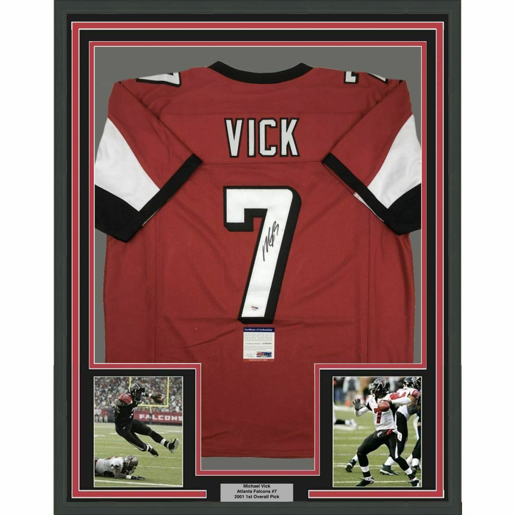 FRAMED Autographed/Signed MICHAEL MIKE VICK 33x42 Atlanta Red