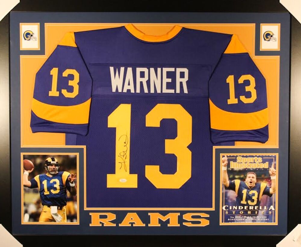 Kurt Warner Signed St. Louis Rams 35x43 Framed Jersey (JSA COA) Super Bowl  MVP