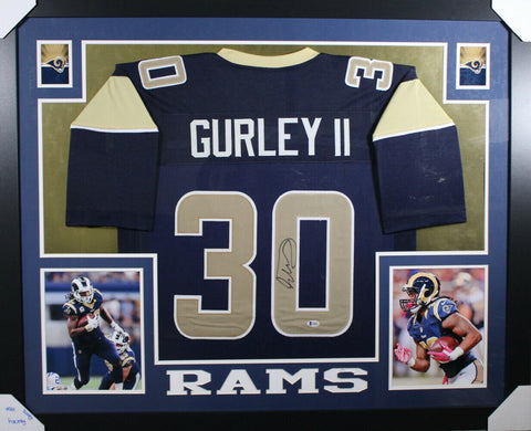 Todd Gurley Autographed Los Angeles Rams Framed Blue XL Jersey BAS 11014