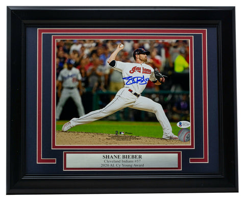 Shane Bieber Signed Framed 8x10 Cleveland Indians White Jersey Pitch Photo BAS