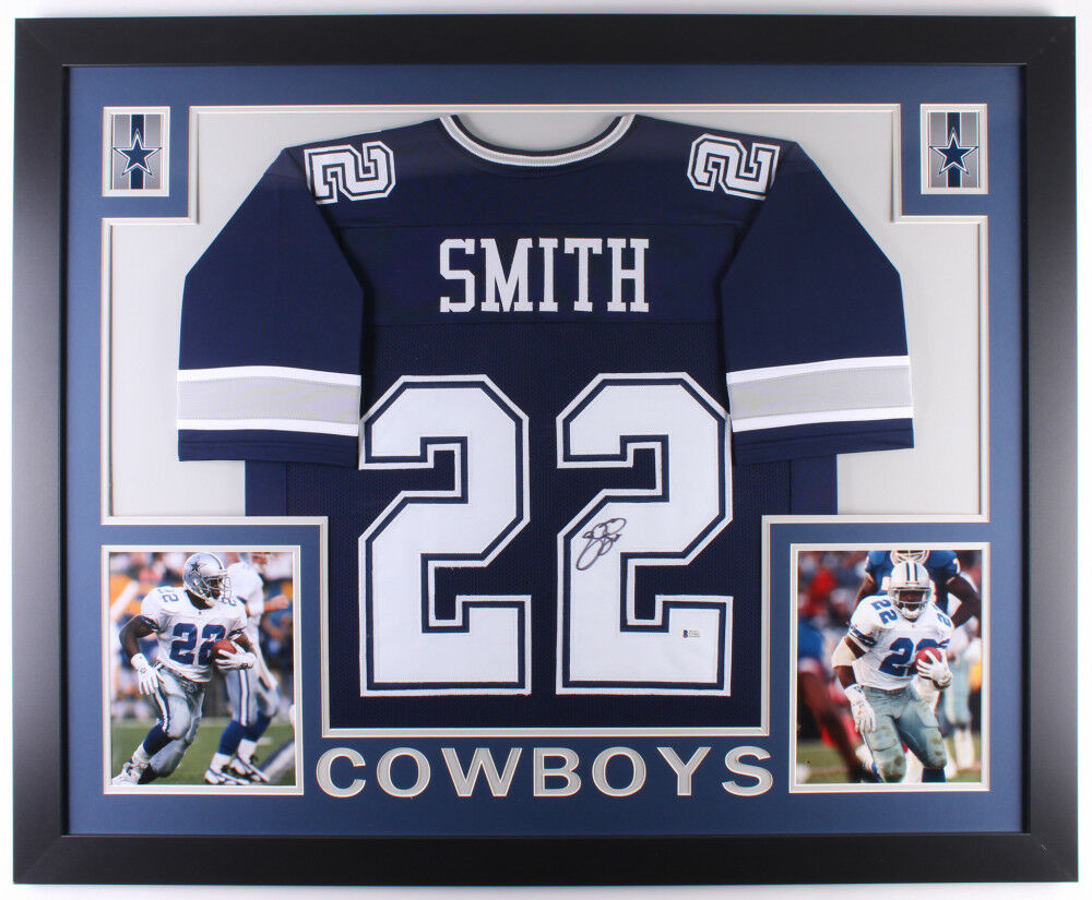 Emmitt Smith Signed Dallas Cowboys 35x43 Custom Framed Blue Jersey