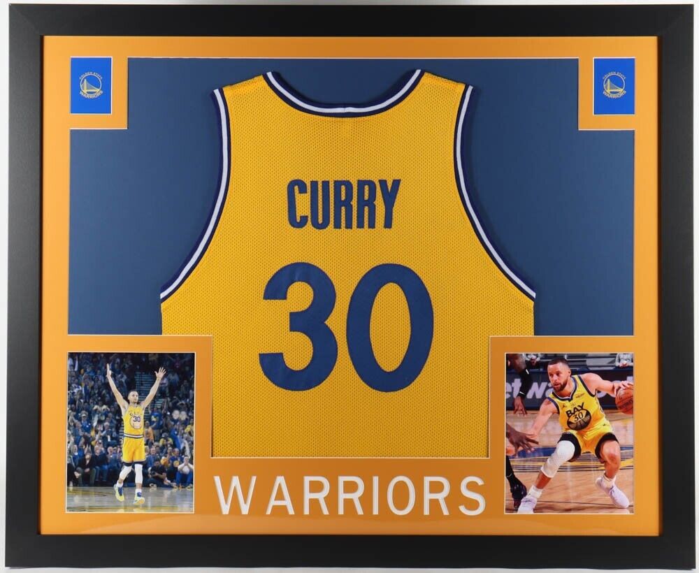 Golden State Warriors Stephen Curry Autographed Framed Yellow Jersey  Beckett BAS