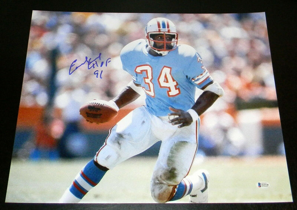 Earl Campbell Autographed HOF 91 and Framed Light Blue Oilers Jersey