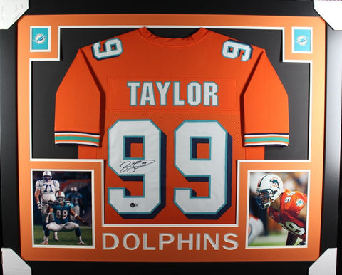 JASON TAYLOR (Dolphins orange SKYLINE) Signed Autographed Framed Jersey Beckett