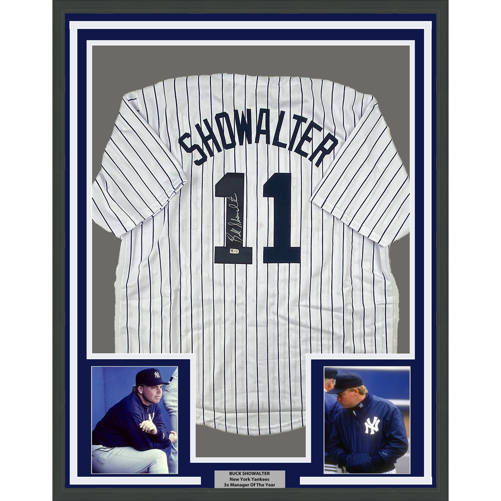 Framed Autographed/Signed Buck Showalter 33x42 New York Pinstripe Jers –  Super Sports Center