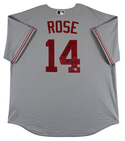 Reds Pete Rose "4256" Signed Grey Majestic Cool Base Jersey BAS Witnessed