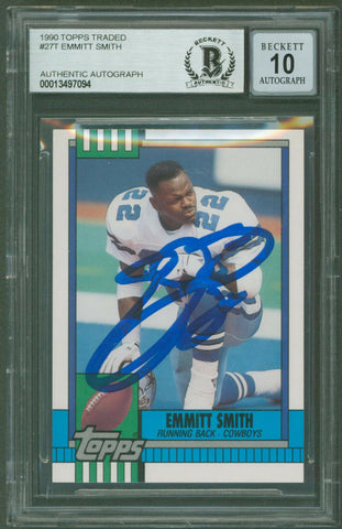 Cowboys Emmitt Smith Signed 1990 Topps Traded #27T Rookie Card Auto 10! BAS Slab