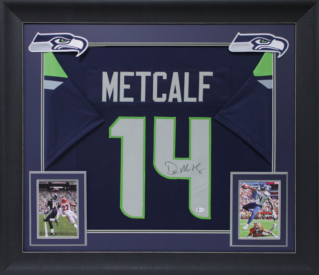DK Metcalf Authentic Signed Navy Blue Pro Style Framed Jersey BAS