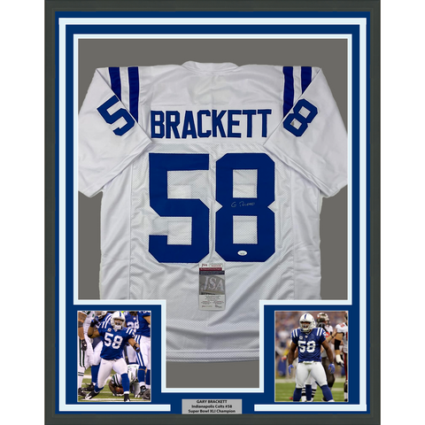 Framed Autographed/Signed Gary Brackett 33x42 Indianapolis White Jersey JSA COA