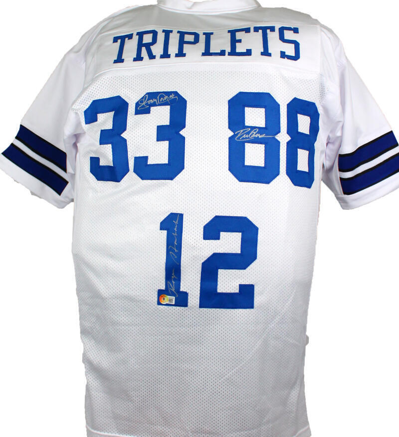 The Jersey Source Autographs Roger Staubach Drew Pearson Tony Dorsett Signed White Pro Style Jersey-BAW Holo