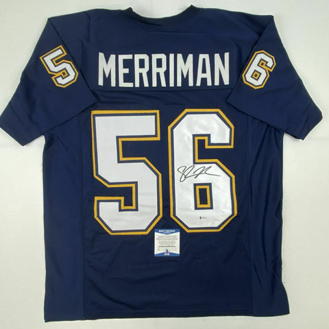 Autographed/Signed SHAWNE MERRIMAN San Diego Dark Blue Football Jersey BAS COA