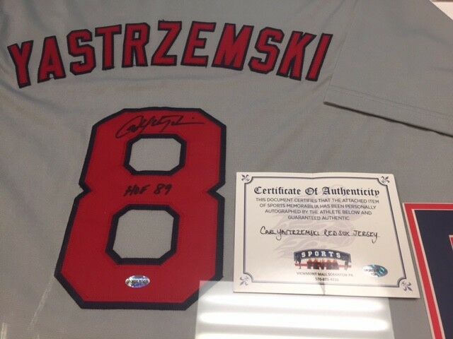 Carl Yastrzemski Autographed and Framed White Red Sox Jersey Auto Beckett  Cert