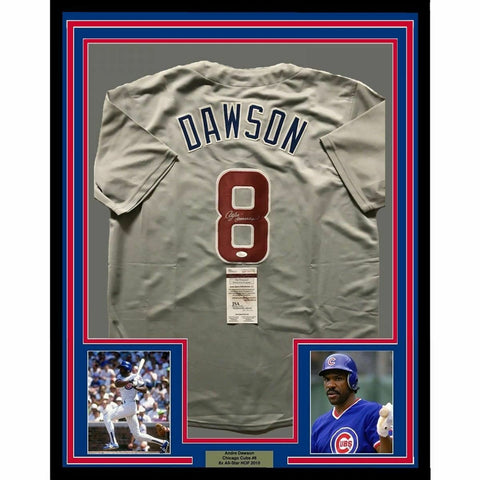 FRAMED Autographed/Signed ANDRE DAWSON 33x42 Chicago Grey Jersey JSA COA Auto