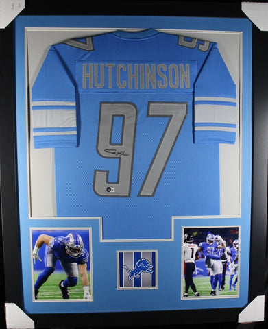 AIDEN HUTCHINSON (Lions blue TOWER) Signed Autographed Framed Jersey Beckett