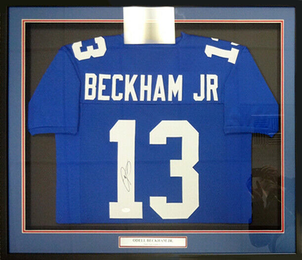 NEW YORK GIANTS ODELL BECKHAM JR. AUTOGRAPHED FRAMED BLUE JERSEY JSA 1 –  Super Sports Center