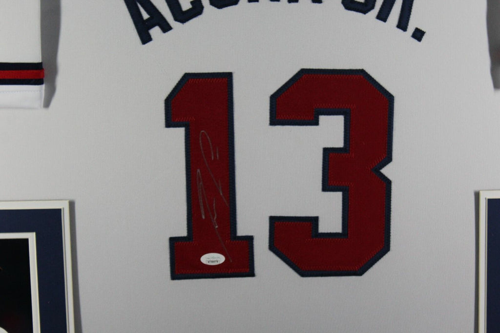 Framed Autographed/Signed Ronald Acuna Jr. 33x42 Braves White Jersey JSA COA