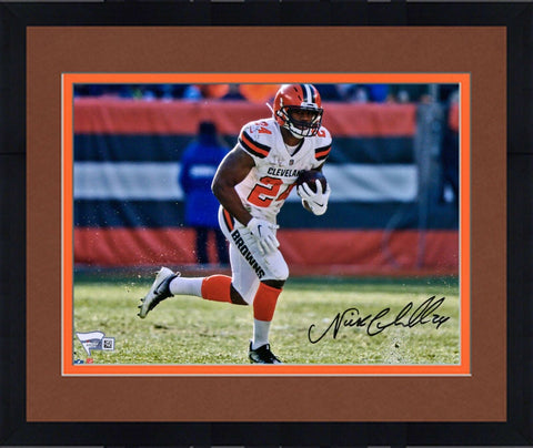 Framed Nick Chubb Cleveland Browns Autographed 8" x 10" White Running Photograph