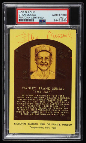 Stan Musial Signed Hall of Fame Plaque Postcard (PSA/DNA) St; Louis Cardinals