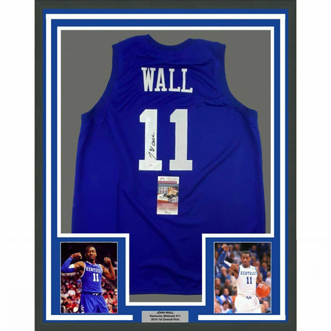 FRAMED Autographed/Signed JOHN WALL 33x42 Kentucky Blue College Jersey JSA COA