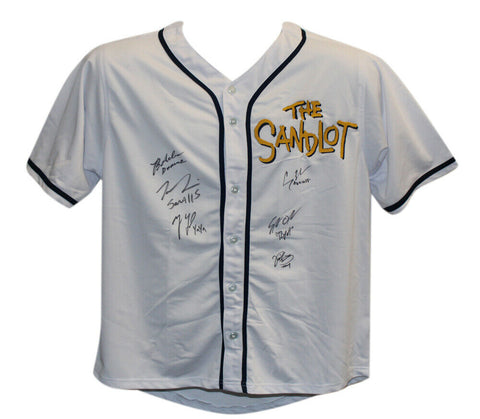 The Sandlot Autographed/Signed White XL Jersey 6 Sigs Tom Guiry BAS 25623