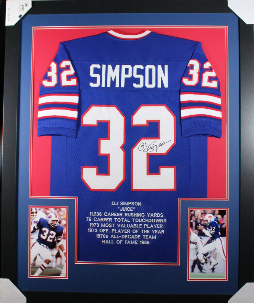 O.J. Simpson Autographed/Signed Buffalo Framed Blue XL Stat Jersey JSA –  Super Sports Center