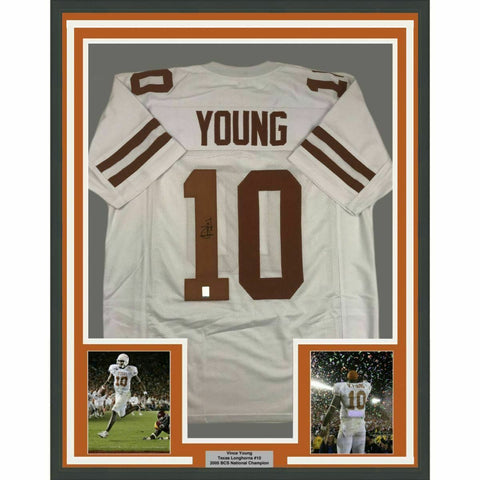 FRAMED Autographed/Signed VINCE YOUNG 33x42 Texas White College Jersey GTSM COA