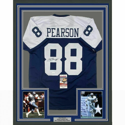 FRAMED Autographed/Signed DREW PEARSON 33x42 Dallas Thanksgiving Jersey JSA COA