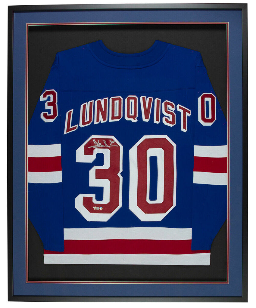 Framed Henrik Lundqvist New York Rangers Autographed 8 x 10 Blue Jersey  in Net Photograph