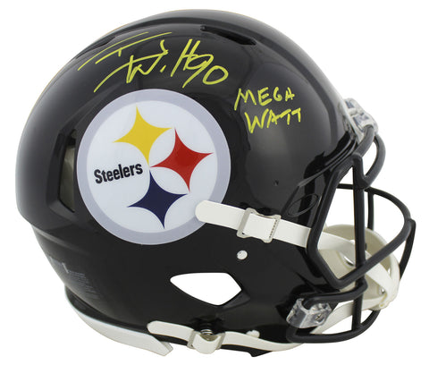 Steelers T.J. Watt "Mega Watt" Signed Proline Full Size Speed Helmet JSA Witness