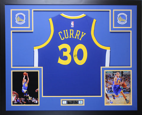 Stephen Curry Autographed & Framed Blue Warriors Jersey