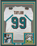 FRAMED Autographed/Signed JASON TAYLOR 33x42 White Football Jersey BAS COA