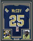 FRAMED Autographed/Signed LESEAN MCCOY 33x42 Pittsburgh Pitt Blue Jersey JSA COA
