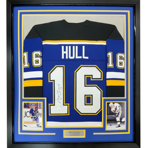 Framed Autographed/Signed Brett Hull 33x42 St. Louis Blue Jersey JSA COA