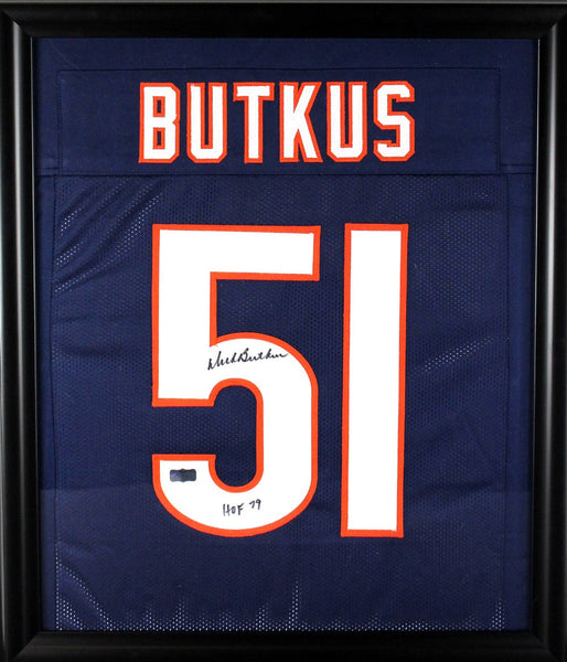 Dick Butkus Signed Chicago Bears Framed Custom Blue Jersey With "HOF 79" Inscription