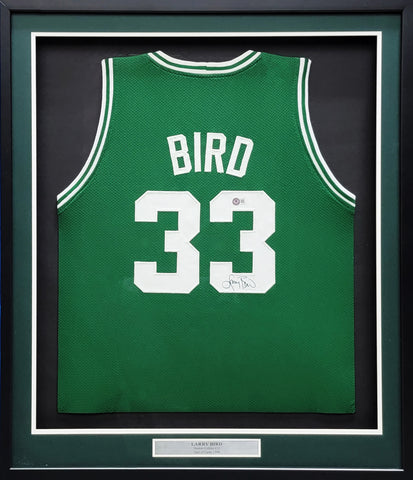 BOSTON CELTICS LARRY BIRD AUTOGRAPHED FRAMED GREEN JERSEY BECKETT BAS 209452