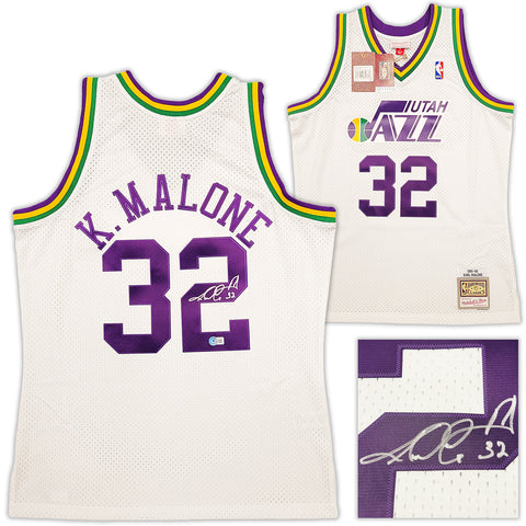 JAZZ KARL MALONE AUTOGRAPHED WHITE & PURPLE M&N JERSEY L BECKETT 211876