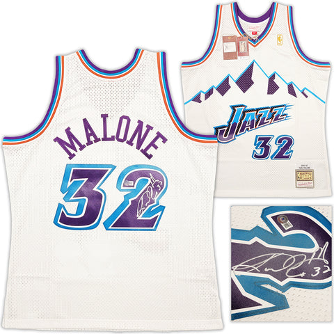 JAZZ KARL MALONE AUTOGRAPHED WHITE AUTHENTIC M&N JERSEY SIZE XL BECKETT 211873