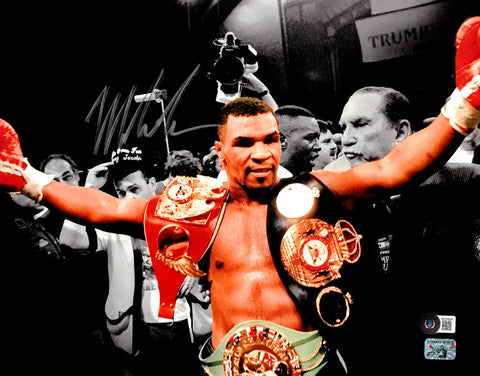 MIKE TYSON AUTOGRAPHED SIGNED 11X14 PHOTO WITH BELTS BECKETT BAS STOCK #206983