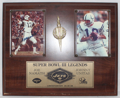 Johnny Unitas & Joe Namath Autographed Legends Wood Plaque BAS 32230