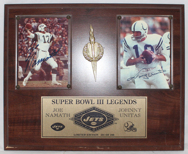 Johnny Unitas & Joe Namath Autographed Legends Wood Plaque BAS 32230