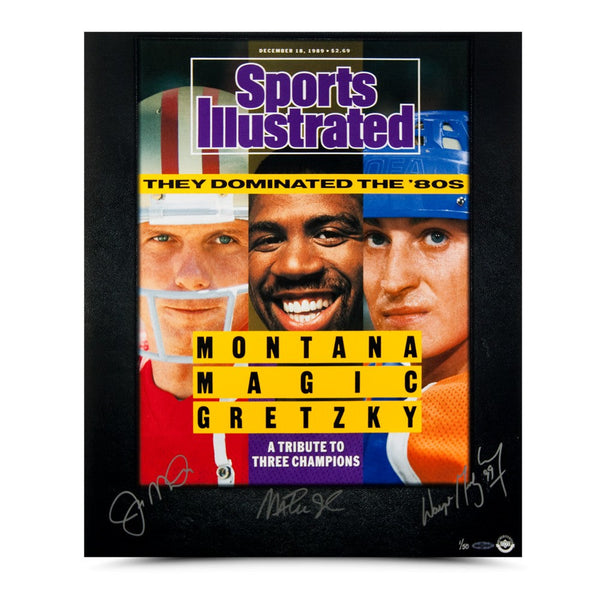 Joe Montana, Magic Johnson, & Wayne Gretzky Autographed 80's Dominance 20 x 24