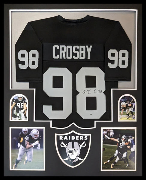 FRAMED Autographed/Signed MAXX CROSBY 33x42 Oakland Las Vegas Black Football Jersey