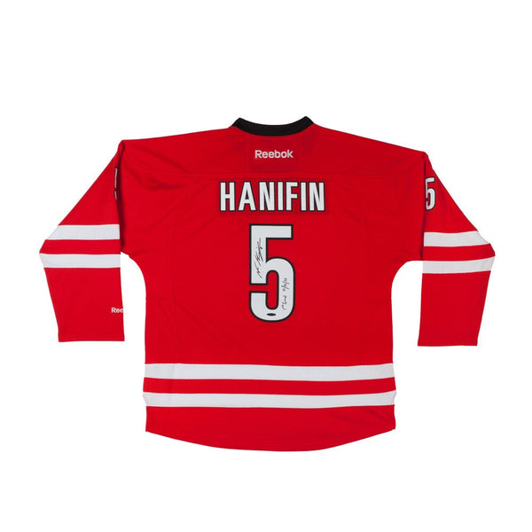 Noah Hanifin Autographed & Inscribed Red Reebok Premier Carolina Hurricanes Jersey
