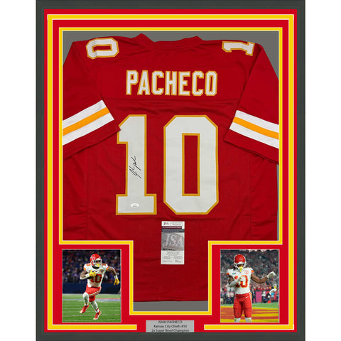 Framed Autographed/Signed Isiah Pacheco 35x39 Kansas City Red Jersey JSA COA