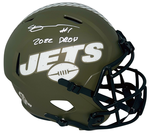 AHMAD SAUCE GARDNER SIGNED NEW YORK JETS SALUTE TO SERVICE HELMET W/ 2022 DROY