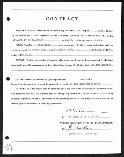 Fritz Crisler HOF Michigan Head Coach Signed/Auto Contract PSA BA198995