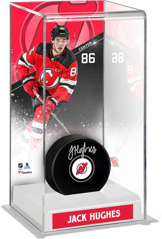 Jack Hughes New Jersey Devils Autographed Puck with Deluxe Tall Hockey Puck Case