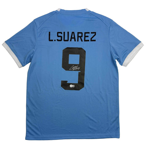 Autographed/Signed Luis Suarez Uruguay Blue Soccer Jersey Beckett BAS COA
